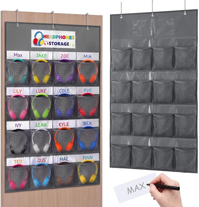AmazingSpark 16 Pockets Classroom Headphone Storage Thickened Non-woven Fabric Mesh Pocket Chart Over The Door Hanging Cell Phone Organizer with Signed Card for Back to School Classroom Library, Gray