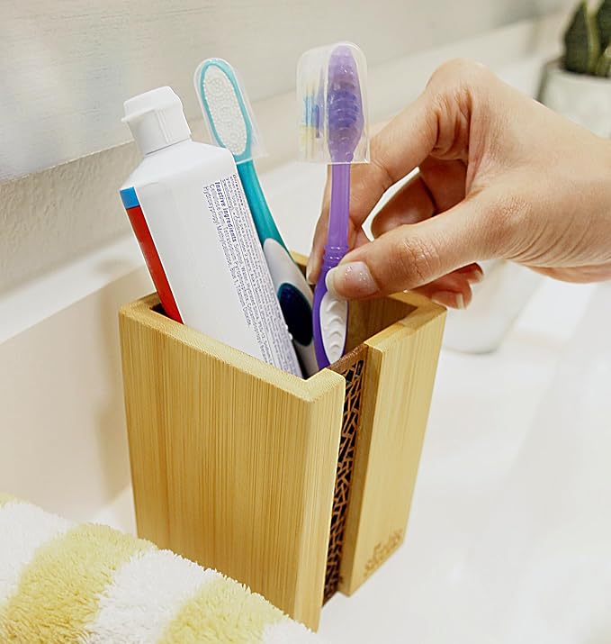 Premium Bamboo Wood Organizer—Multi-purpose Utensils, Pen, Pencil, Crayon, Marker, Brush, Ruler, Tube Holder for Supplies, Kitchen, Arts & Crafts and School & Home (3.14x 3.14x 4.33 Inch)