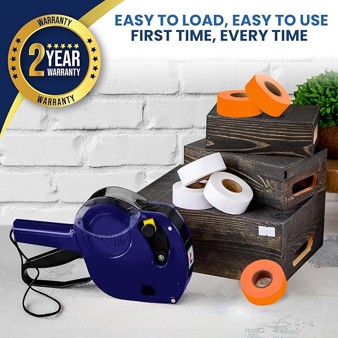 Perco Lite 1 Line Price Gun with Labels Kit - Includes 3 White Rolls, 1 Gun Clip, 3 Fluorescent Orange Rolls, 2 Ink Rollers, 1 Ink roll and Labels Pre-Loaded