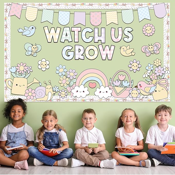 Summer Bulletin Board Decoration Set Pastel Watch Us Grow Classroom Decoration Summer Rainbow Floral Motivational Paper Cutouts for School Classroom Home Chalkboard Wall Door Decor Party Supplies