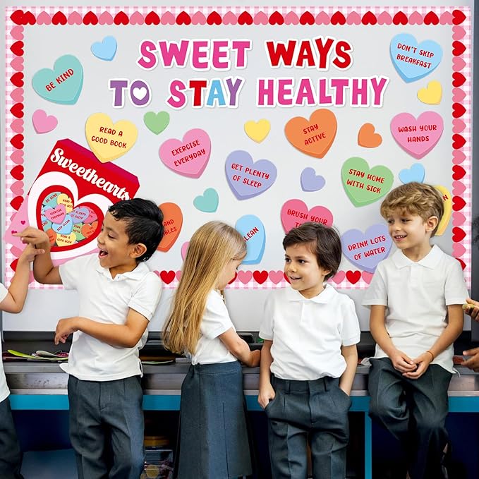 Valentine's Day Health Habit Bulletin Board Set Valentines Sweet Ways to Stay Healthy Classroom Decoration Sweet Love Heart Cutouts Heart Bulletin Board Border for School Home Wall Door Party Supplies