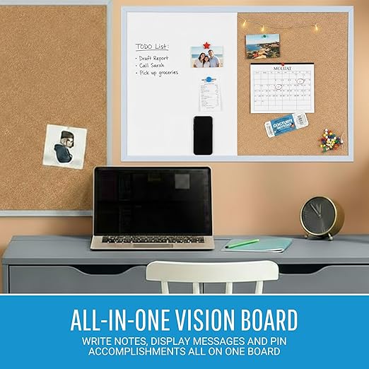 MasterVision Pastel Combo Bulletin and Dry Erase Board, 36" x 24", Blue Frame, Decorative Magnetic Whiteboard and Cork Board, Wall Décor for Home, Office, Dorm, or Classroom