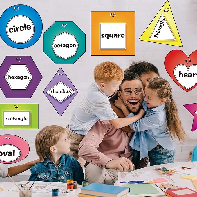 10 Pcs Shapes Bulletin Board Set, Educational Boarders Posters, Shapes for Classroom Wall Decor with 50 Adhesive Dots, Waterproof Cutouts for Toddlers Preschool Kindergarten Learning