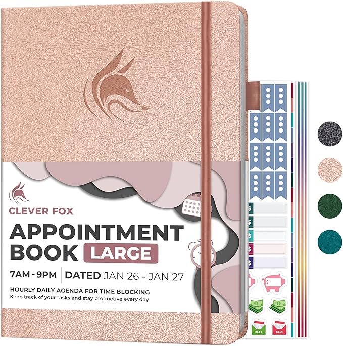 Clever Fox Appointment Book Dated Jan 2026-Jan 2027 – Hourly Schedule Planner with 15-Minute Increments – Time Box Planner for Daily Work & To-Dos – Hardcover, 8.3x11″ (Rose Gold)
