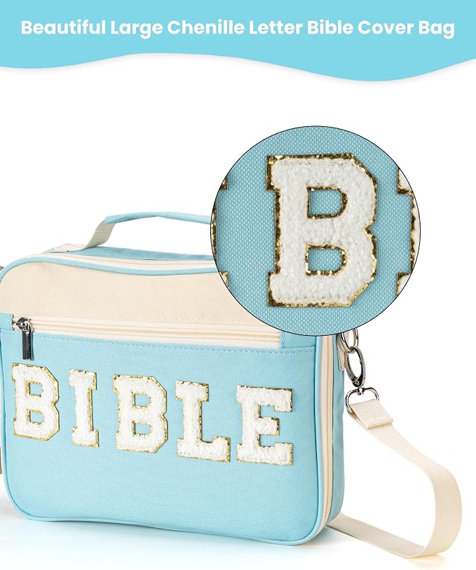 PLOZANO Bible Cover Case for Women, Large Chenille Letter Bible Bag with Shoulder Strap,Blue Bible Carrying Tote Bags for Bible Study Accessories, for Women Lady Teen Grils (Blue)