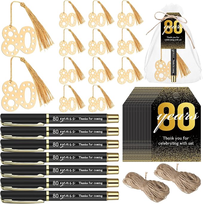 Spakon 50 Set 80th Birthday Party Favor for Guest Anniversary Party Favor Golden Birthday Bookmark Thanks Coming Pen with Tag Appreciation Gifts for Women Men Wedding Anniversary