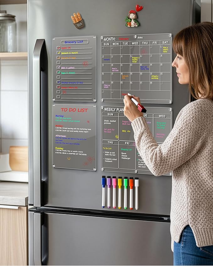 4 Pack Acrylic Magnetic Calendar for Refrigerator Set, Clear Monthly Weekly Daily Dry Erase Whiteboard for Fridge with 8 Color Markers, Meal Planner, Menu Board, Home Decor