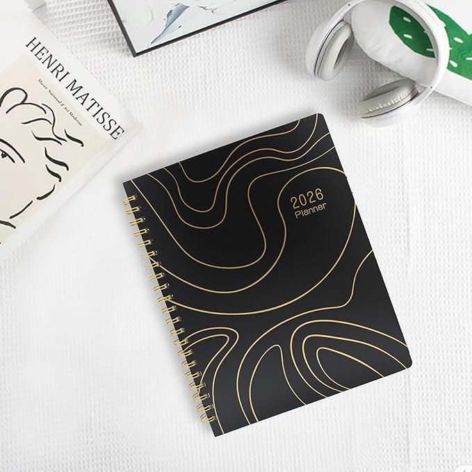 Sonjade Planner 2026 Daily & Weekly & Monthly, Spiral Bound, Academic Schedule Planners, Work Business Life Goal Calendar Planner, Appointment Book, Organiser Notebook, Black with Gold Design, 9 x 11.6 Inch, Black