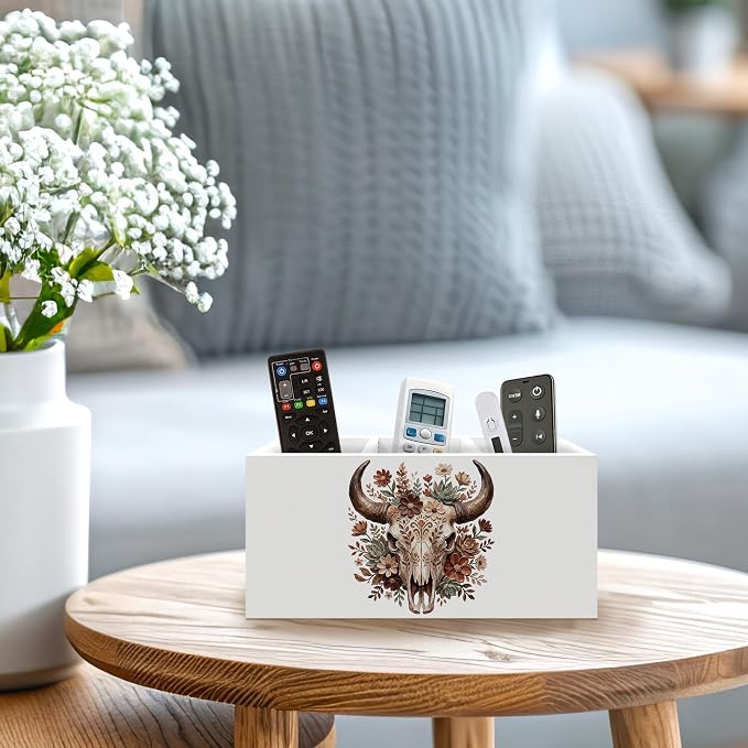 Boho Floral Western Bull Skull Pen Holder, Boho Western Office Pen Pencil Holder Organizer for Desk Accessories, Whimsical Bull Skull Wooden Box Desk Decor for Home Office Desk Decorations