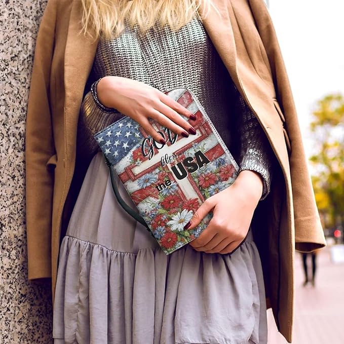 American Flag Bible Covers for Women Jesus God Bible Carrying Case with Handle Book Carrying Case Fits for More Size Bible Bag-Size：XL