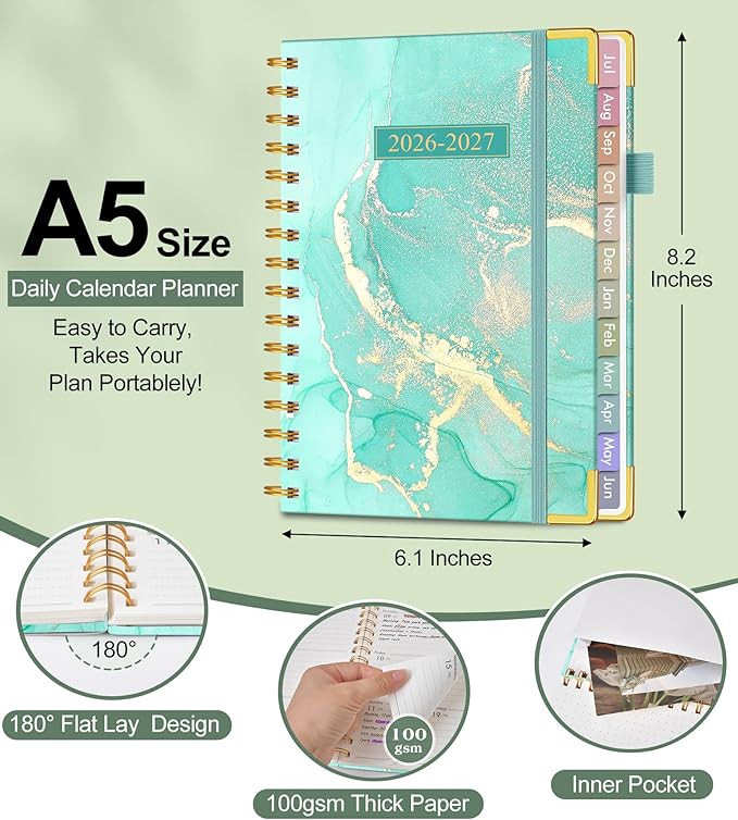 Academic Planner 2026-2027, Hardcover Weekly and Monthly Calendar Planner from July 2026 - June 2027, Daily Agenda Planners with Tabs, College School Organizer for Student Teacher, A5 (6.1" x 8.2"), Teal Marble