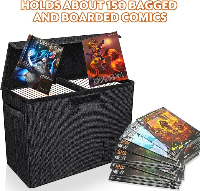 YSCare 4-Pack Comic Book Storage, Collapsible Comic Book Case with Dividers and Carrying Handles, Comics Short Box Holds 150 Comics, 15.5" X 7.5" X 11.3" Heavy-Duty Stackable Case