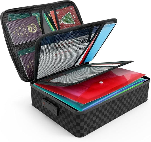 Demao Portable Document Box with Lock,File Storage Box with Waterproof Zipper,Thick Oxford Document Organizer with Multi Compartment, File Organizer for Office/Travel/School