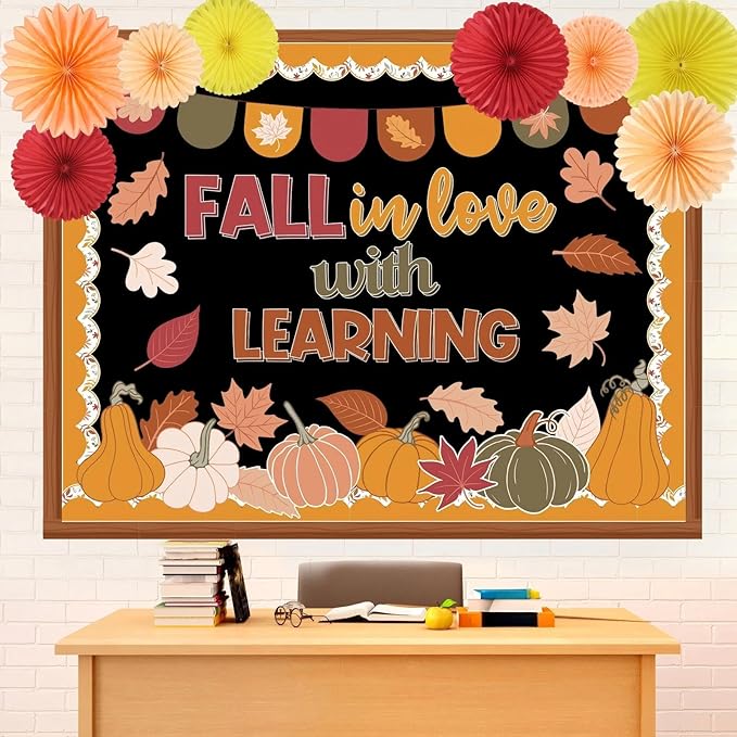 Containlol 66 Pcs Fall Thanksgiving Bulletin Board Decorations Thanksgiving Fall in Love with Learning Classroom Bulletin Board with 3D Paper Fans Boho Pumpkin Maple Leaves Cutouts for Classroom Decor
