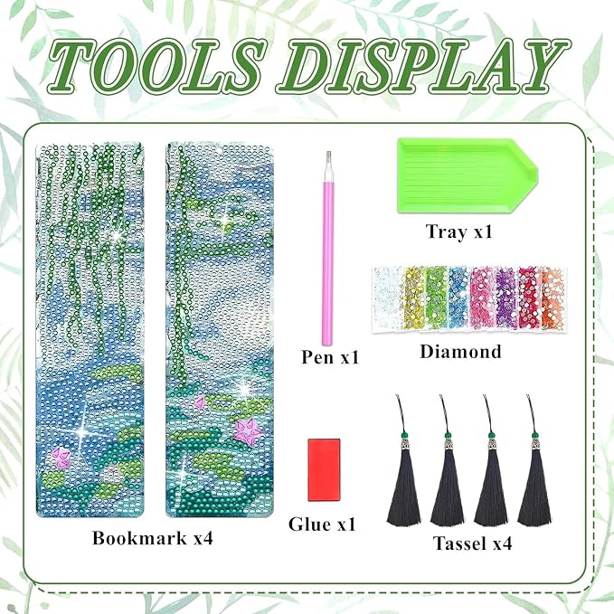 4 PCS Diamond Art Bookmarks Monet Water Lily, DIY Acrylic Diamond Painting Bookmarks Kits for Adult Reader and Crafts Lovers