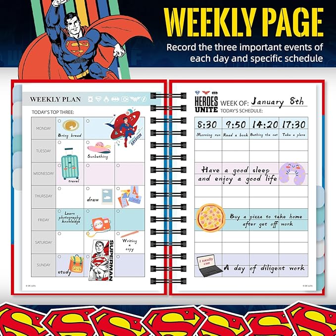 Superman Notebook Planner 2026, Hardcover Weekly/Monthly Planner with Notes Pages, Spiral Calendar Organizer Journal for Teacher Student Hero Fans (Plan B)