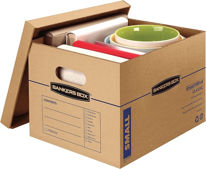 Bankers Box Small Classic Moving Box 10 Pack, Reinforced Handles, Tape-Free Assembly, Corrugate Box with Lid, 15-in x 12-in x 10-in (7714203)
