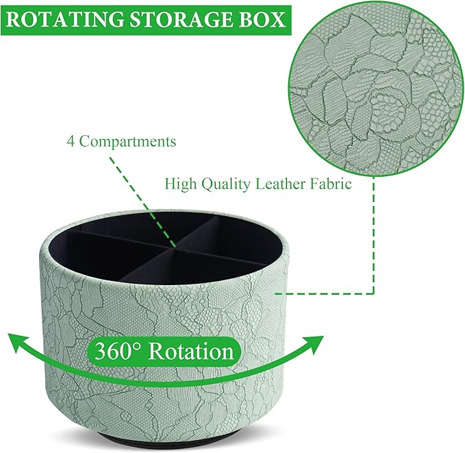 Round Leather Art Supply Organizer,Remote Control Holder,360 Degree Spinning,Multi-Functional Pencil Holder,4 Compartments Desktop Stationary Organizer(1-Lace Flower Green1)