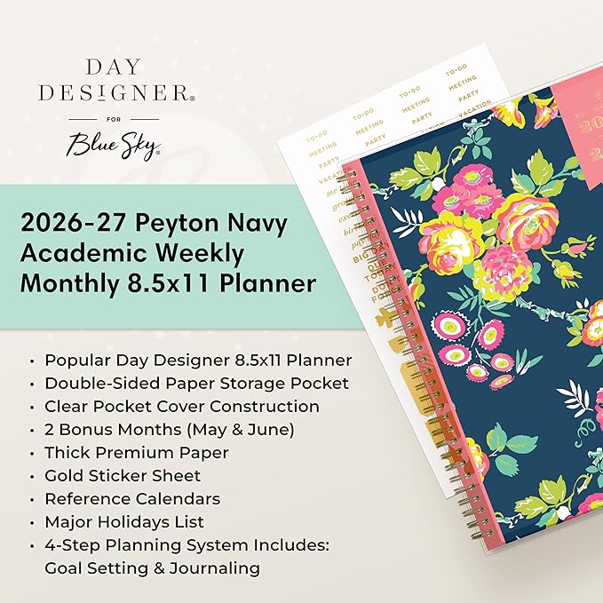 Blue Sky Day Designer 2026-2027 Weekly and Monthly Academic Year Planner Calendar, July 2026 - June 2027, 8.5" x 11", Clear Pocket Cover, Laminated Tabs, Storage Pocket, Includes Stickers, Peyton Navy