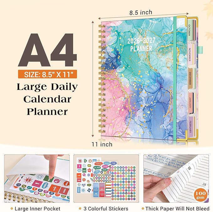 Planner 2026-2027, 18 Months Weekly and Monthly Daily Planner from January 2026 - June 2027, 8.5" x 11" A4 Large Hardcover Agenda Organizer Book 2026 with Tabs, Spiral Yearly Calendar Planners for School Work Home, Pink Blue Marble