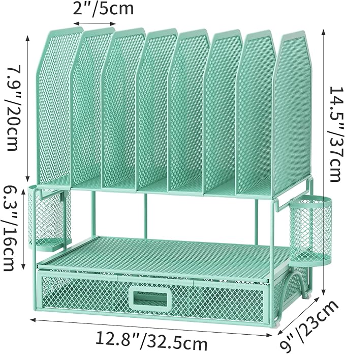 FANXIYQ Metal Desk Organizer with Sliding Drawer, 7-Section File Organizer for Desk, Desktop File Folder & Paper Organizer with 2 Hanging Pen Holders, Office Supplies Organizer, Green