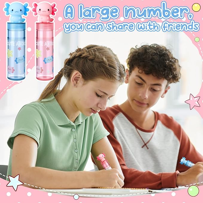 Gersoniel 16 Pcs Axolotl Retractable Erasers Axolotl Birthday Party Favor Gifts School Classroom Supplies Sliding Retractable Pink Blue Cute Animals Pencil Erasers for Amphibian Lovers Office Home