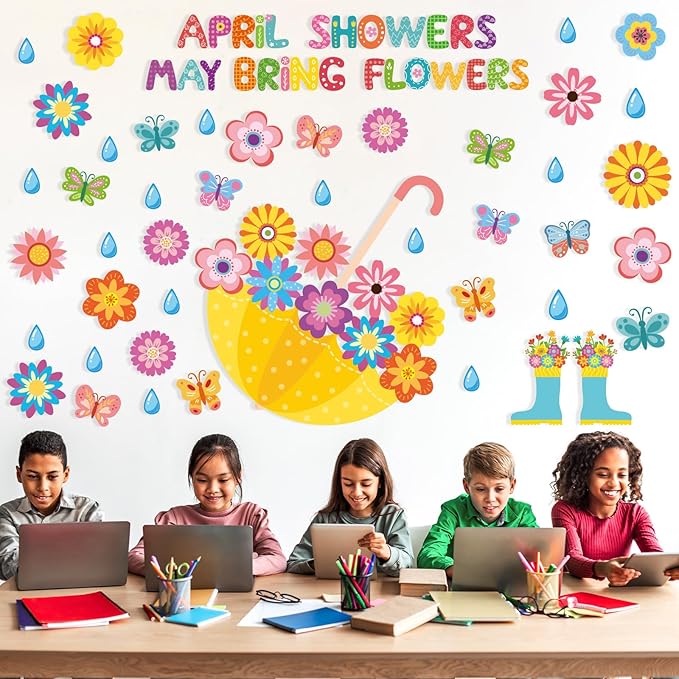 Qyeahkj April Showers Bring May Flowers Decorations Set Spring Theme Flower Bulletin Board Cutouts Colorful Paper Cut Outs for Easter Spring School Classroom Whiteboard Home Party Decor Supplies