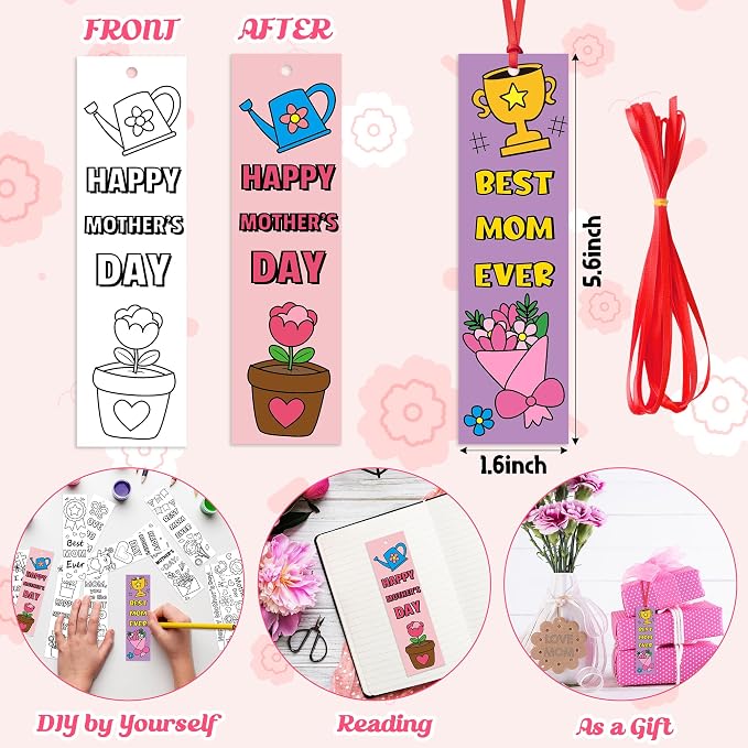 BWkoss Mother's Day Color Your Own Bookmarks for Kids -75Pcs Happy Mother's Day DIY Coloring Bulk Blank Bookmark Classroom Art Craft Supplies for Student Mother's Day Holiday Party Goodie Fillers
