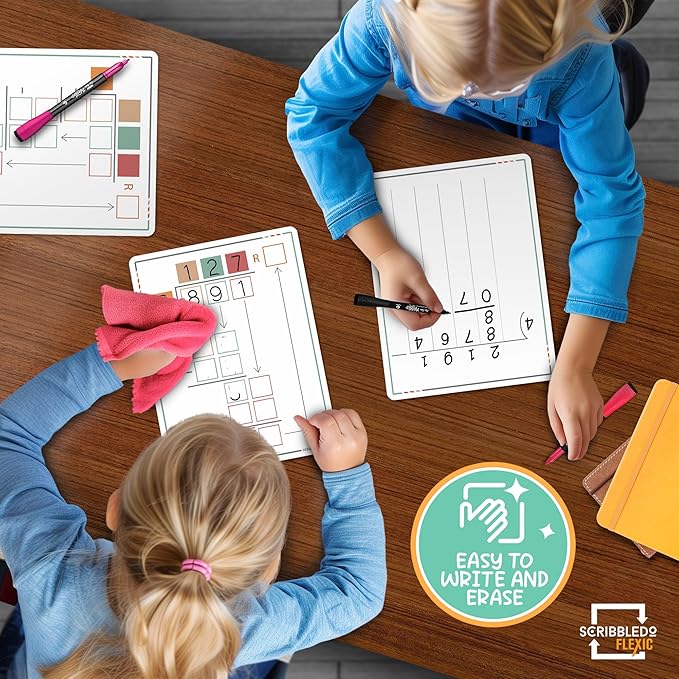 SCRIBBLEDO Division Math Practice 9”x12” Small White Board Dry Erase Sheets Math Manipulatives 3rd Grade Long Division Math Supplies Teacher Students Classroom Pack of 10 Sheets