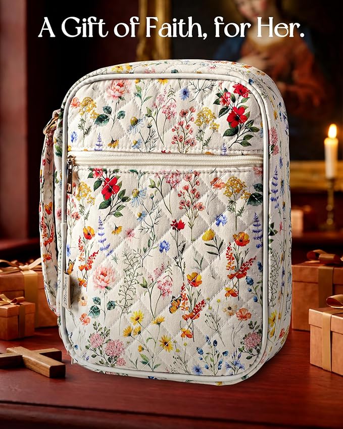 Miss Adola Bible Cover Case for Women - Quilted Bible Carrying Case Organizer Study Bag with Zipper Handle and Shoulder Strap Vintage Floral Book Cover for Teen Girls
