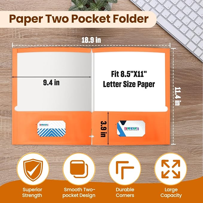 BIBRADAA® 50 Packs Orange Folders with Pockets,Two Pocket Paper Folders Surface with Waterproofing,Letter Size,Holds 100 Plus Sheets,for School,Office,Business. (50, Orange)