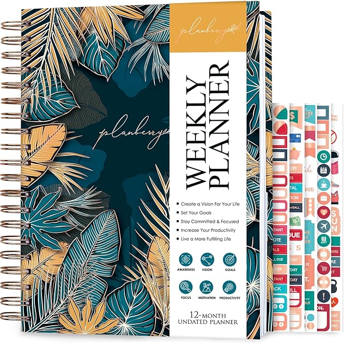 PLANBERRY Large Weekly Planner Premium – Undated Life & Budget Planner – Organizer & Productivity Journal, 8x10.4″ (Tropical Forest)