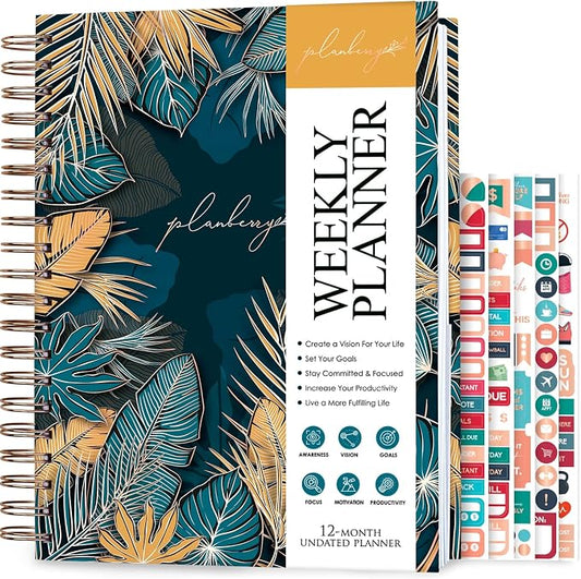 PLANBERRY Large Weekly Planner Premium – Undated Life & Budget Planner – Organizer & Productivity Journal, 8x10.4″ (Tropical Forest)