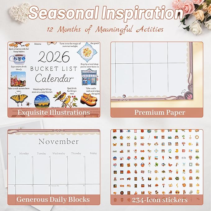 2026 Bucket List Calendar | 12-Month Wall Calendar with Illustrated Monthly Pages, Inspirational Monthly Goal Planner Spiral Wall Calendar, DIY-Friendly & Daily Prompts Women Gift for Friends (2026 Bucket List Calendar)