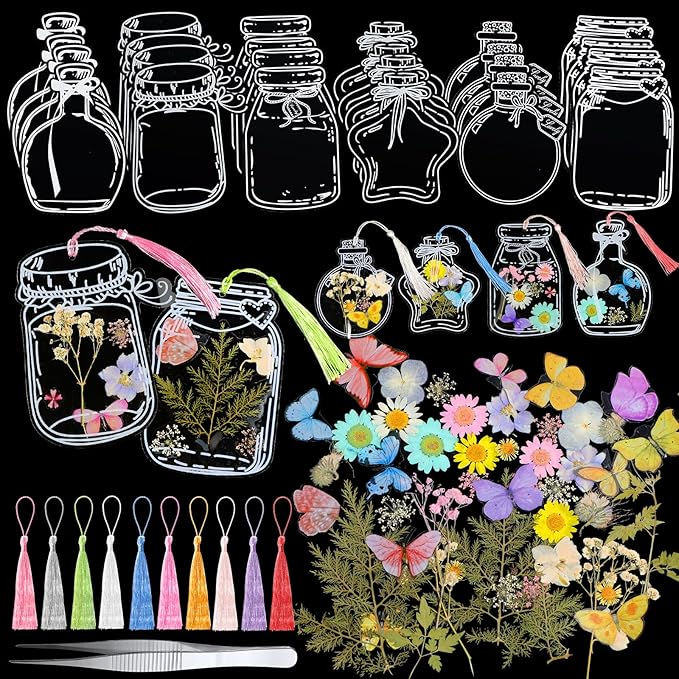 TaoBary 152 Pcs DIY Transparent Dried Flower Bookmark Set Handmade DIY Bookmarks with Dried Pressed Flowers Leaves Butterfly Stickers Colorful Tassels and Tweezers for Reader Writer(Macaron Color)