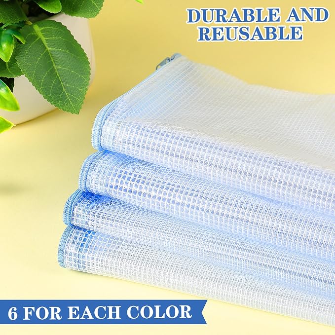 Feifeiya 24 Pack Blue Mesh Zipper Pouch Bags, A4 Size Clear Mesh Zipper Storage Bags Bulk for School Office Organization