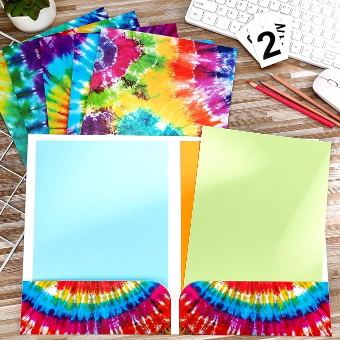 Outus 24 Pcs Tie Dye 2 Pocket Folders Letter Size Decorative File Folders Heavy Duty Office Supplies with 2 Pocket for Parent Teacher Communication Office, 12. 2 x 9. 3 Inch
