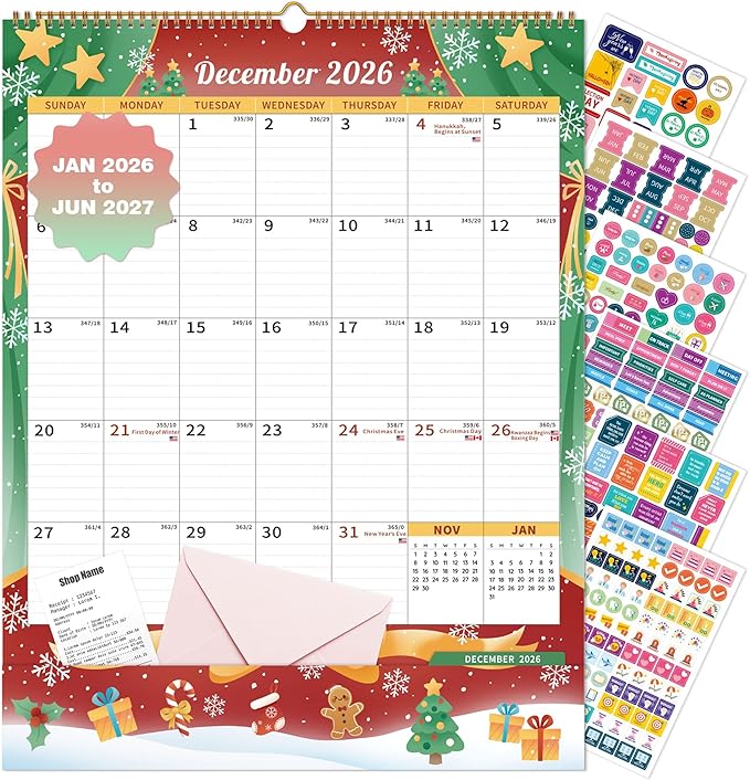 Ospelelf Wall Calendar 2026-2027 with Storage Pocket Monthly Large Planner Pad 17" X 22" with Protective Cover and Stickers for Family Fridge Office Teacher Student January 2026 to June 2027 Season