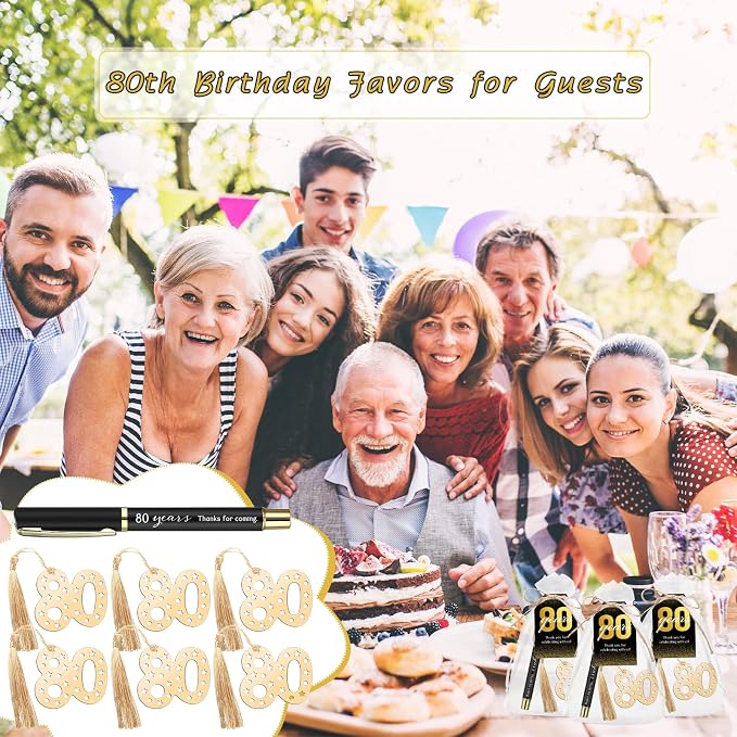 Spakon 25 Set 80th Birthday Party Favor for Guest Anniversary Party Favor Golden Birthday Bookmark Thanks Coming Pen with Tag Appreciation Gifts for Women Men Wedding Anniversary