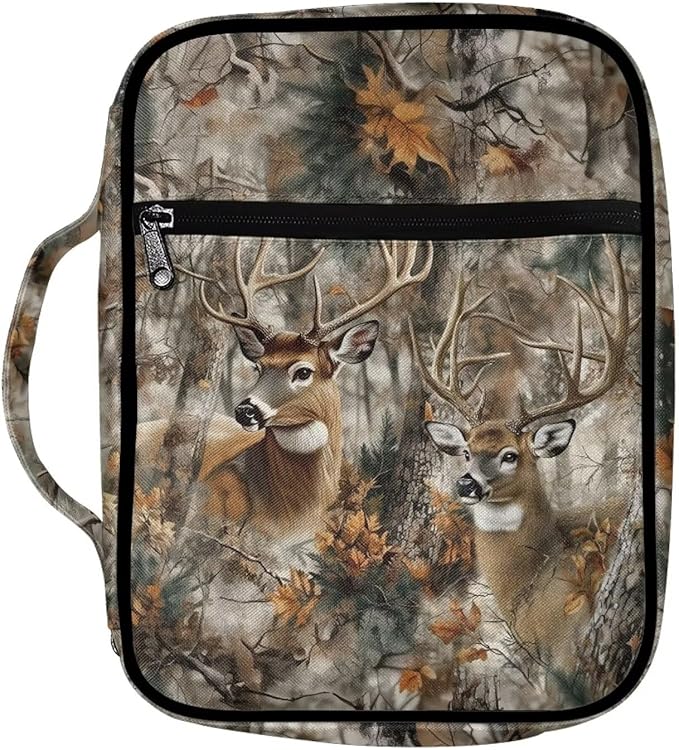 Suobstales Deer Camo Forest Print Bible Covers for Women Men Lightweight Bible Bag Bible Accessories with Handle and Zippered Pocket Bible Tote Bag for Kids
