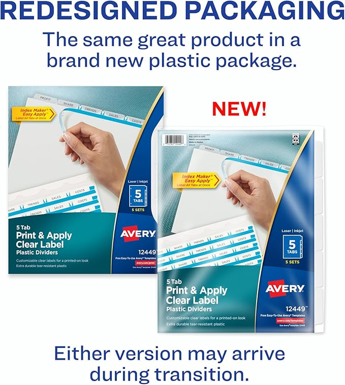 Avery 5 Tab Plastic Dividers for 3 Ring Binder, Easy Print & Apply Clear Label Strip, Index Maker Customizable Frosted White Tabs, 5 Sets (12449) (Pack of 5)