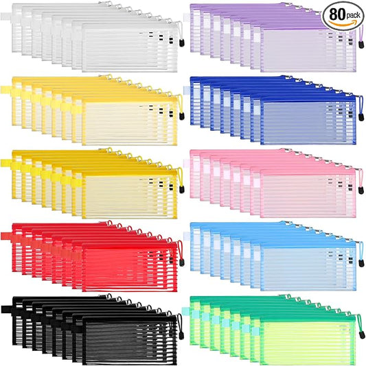 AHQiZFX 80 Pack Mesh Zipper Pouch, 10 Colors Waterproof File Bags Document Reusable Zipper Pouches Multipurpose Travel Bags for Storage Organizing, Office, School, Makeup, Board Games, Home Supplies