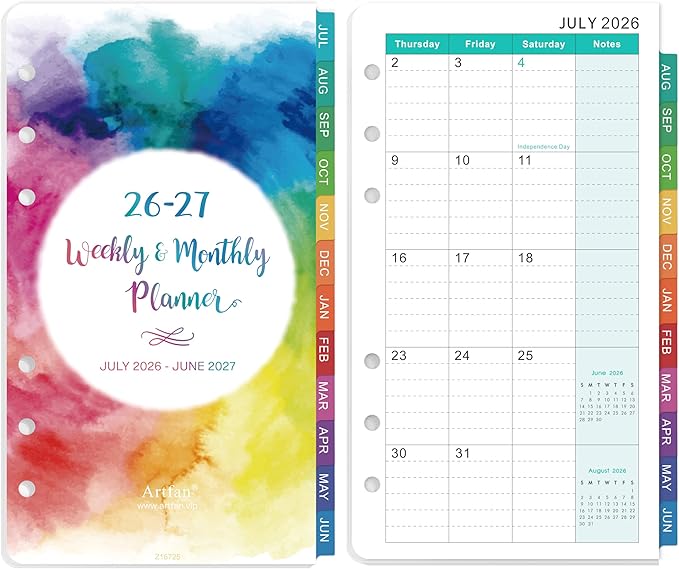 Planner Refills 2026-2027 - Planner Inserts, 2026-2027 Weekly and Monthly Calendar from Jul. 2026 - Jun. 2027, 3.75 x 6.75 inch, 6 Holes