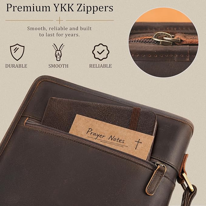 Polare Full Grain Leather Bible Cover with Cross, Christian Bible Carrying Case Organizer for Men & Women, Vintage Church Bible Study Bag with YKK Zipper, Religious Gift (Dark Brown(Metal Cross))