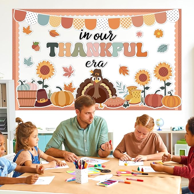 Thanksgiving Turkey Bulletin Board Set in Our Thankful Era Classroom Bulletin Board Decoration Fall Turkey Pumpkin Maple Leaves Paper Cutout for Classroom School Home Chalkboard Wall Decor