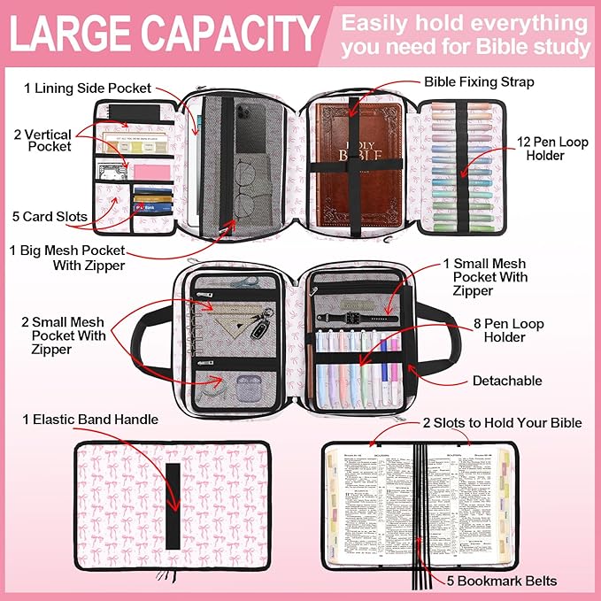 Pink Bow Bible Cover Case for Women Girls Cute Large Bible Bag with Handle Shoulder Strap Book Carrying Bags with Tabs 5 Pens 12 Highlighters Christian Church Study Supplies Accessories Gifts