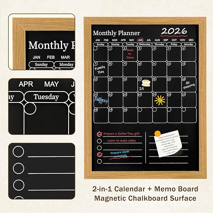 Magnetic Chalkboard Calendar for Wall – 17x13 Monthly Dry Erase Planner with Natural Wood Frame, 2-in-1 Vertical Memo & to-Do Board