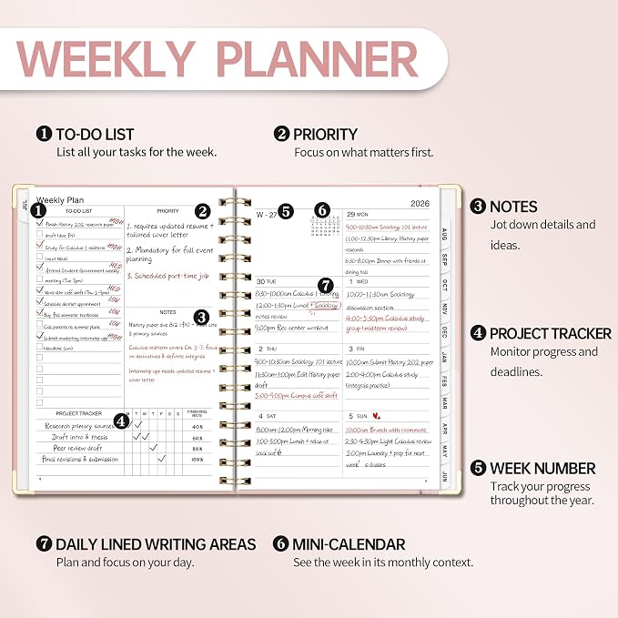 Academic Planner 2026-2027, Weekly and Monthly, A5 Size (5.7" x 8.3"), July 2026 - June 2027, Agenda 2026-2027 for Tracking, for School, Home, Office, Hardcover, 12-Month Tabs (Pink)