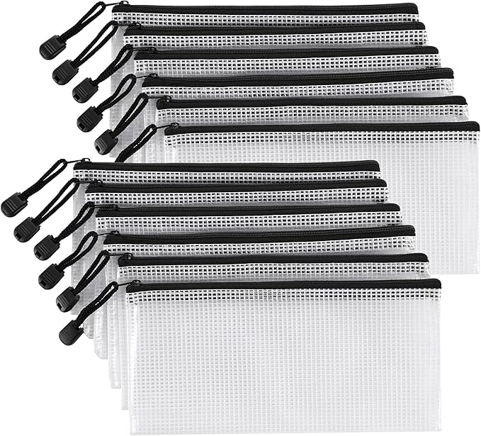 12 Pieces Clear Plastic Mesh Zip Pouch - Document Holder, Pencil Case, Waterproof Storage for Office Supplies, Bills, and Files.Black Zipper.