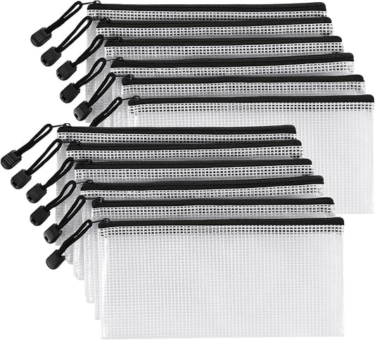 12 Pieces Clear Plastic Mesh Zip Pouch - Document Holder, Pencil Case, Waterproof Storage for Office Supplies, Bills, and Files.Black Zipper.